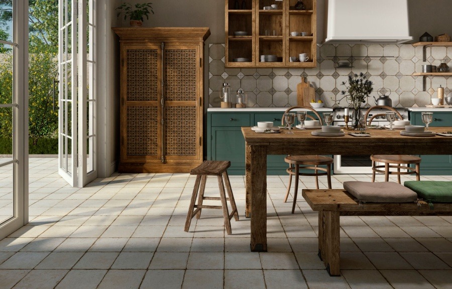 kuchnia w stylu rustykalnym z płytkami vintage