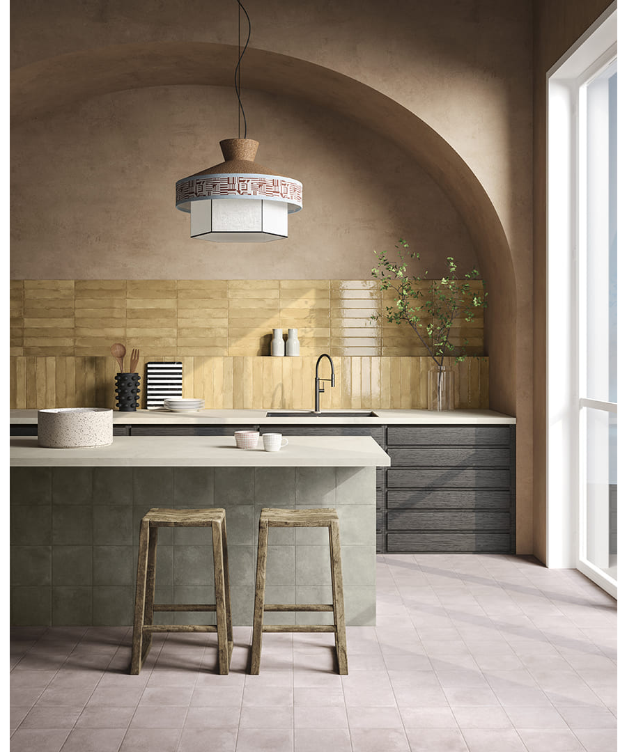 kuchnia w stylu modern rustic z płytkami pastelowymi