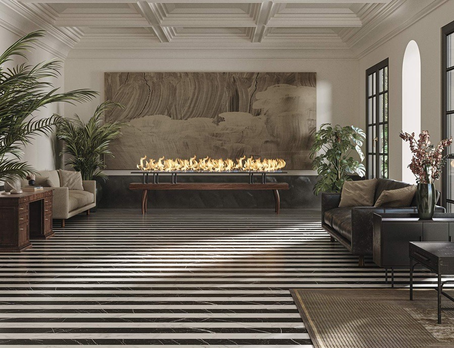 aranżacja salonu z czarno-białymi płytkami marmurowymi