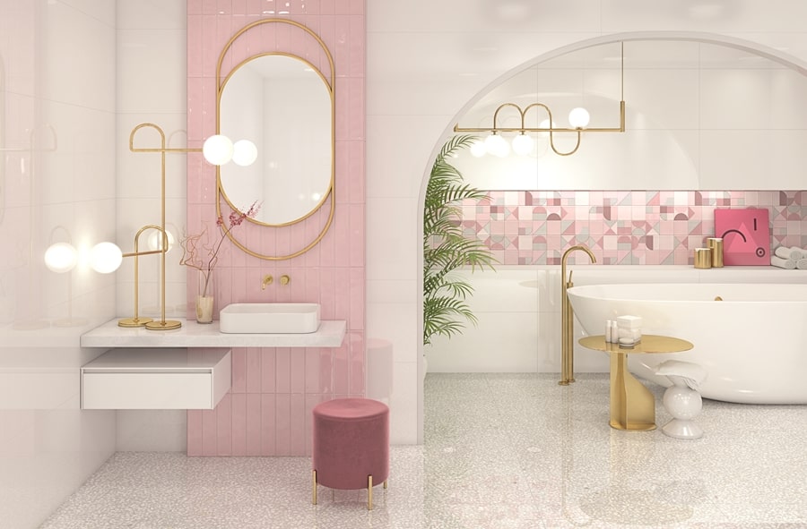 różowa łazienka w stylu art deco