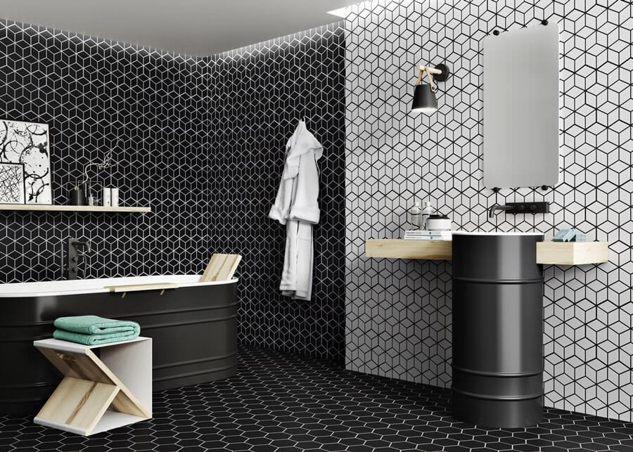 Czarne i biale płytki heksagonalne z wzorem w romby w łazience