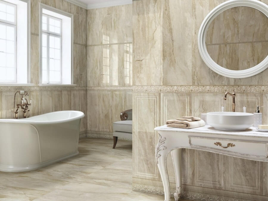 elegancka łazienka z kamiennymi ścianami 