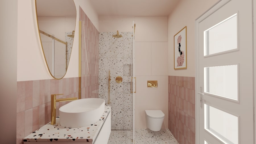 różowa łazienka z płytkami lastryko 